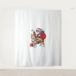 Xmas Lighting Santa Riding Shiba Inu Dog Christmas Tapestry