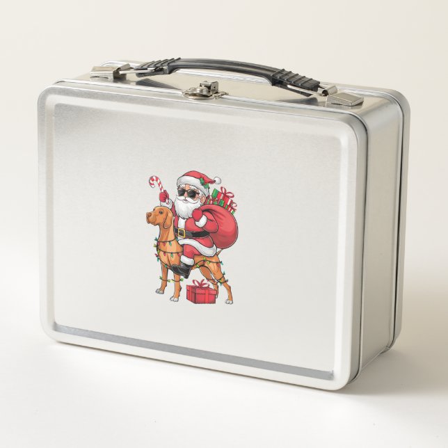 Xmas Lighting Santa Riding Vizsla Dog Christmas  Metal Lunch Box (Front)