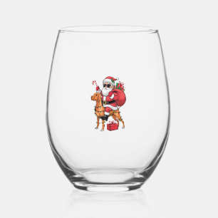 Xmas Lighting Santa Riding Vizsla Dog Christmas Stemless Wine Glass