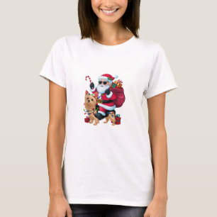 Xmas Lighting Santa Riding Yorkie Dog Christmas  T-Shirt