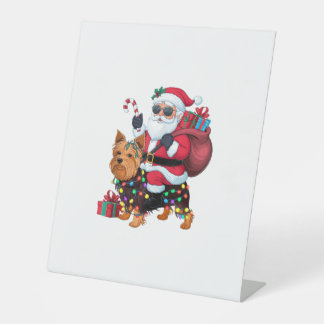 Xmas Lighting Santa Riding Yorkshire Terrier Dog C Pedestal Sign