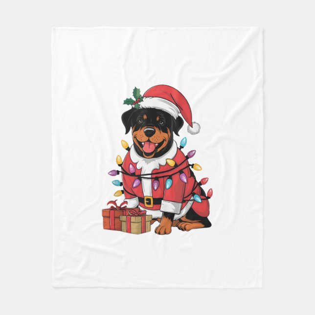 Xmas Lighting Santa Rottweiler Dog Christmas  Fleece Blanket (Front)