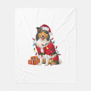 Xmas Lighting Santa Rough Collie Dog Christmas Fleece Blanket