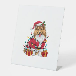 Xmas Lighting Santa Sheltie Dog Christmas _1 Pedestal Sign