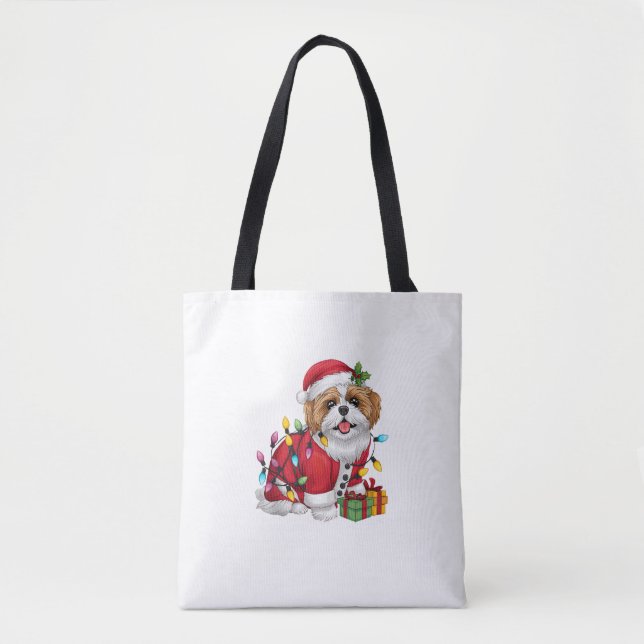 Xmas Lighting Santa Shih Tzu Dog Christmas  Tote Bag (Front)