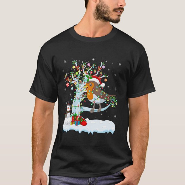 Xmas Lighting Tree Santa Hat American Robin Bird C T-Shirt (Front)