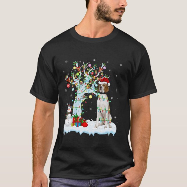 Xmas Lighting Tree Santa Hat English Pointer Dog C T-Shirt (Front)