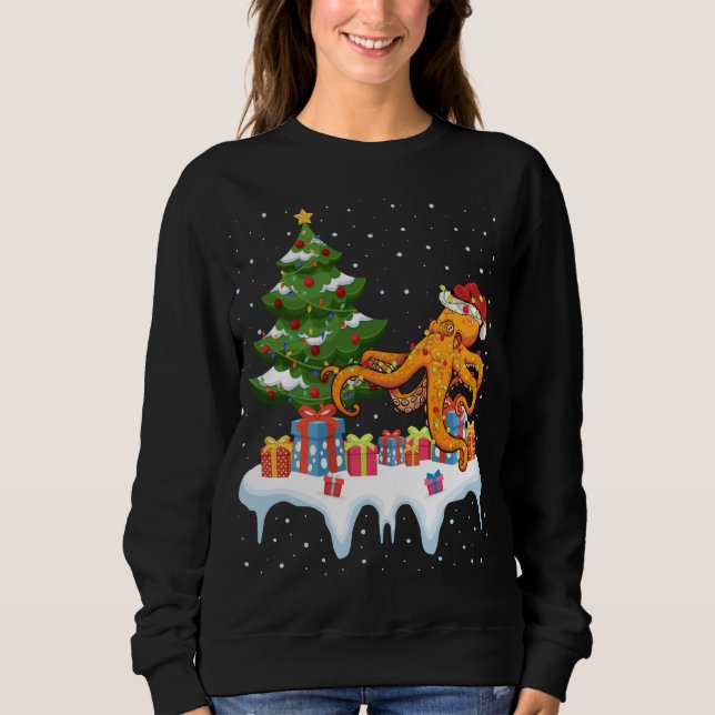 Xmas Lighting Tree Santa Hat Octopus Christmas Sweatshirt (Front)