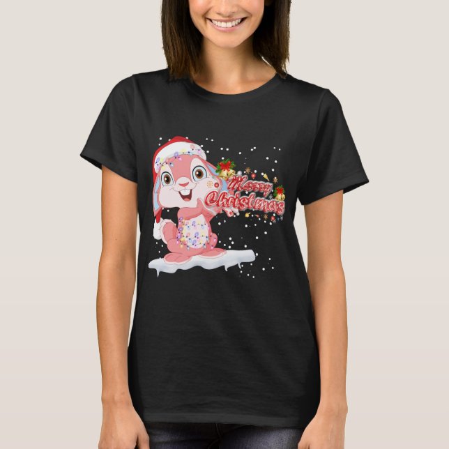 Xmas Lighting Tree Santa Hat Rabbit Bunny Christma T-Shirt (Front)