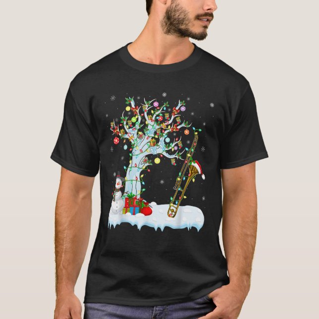 Xmas Lighting Tree Santa Musician Musical Trombone T-Shirt (Front)