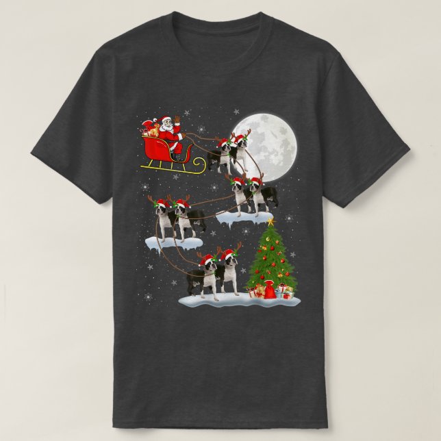 Xmas Lighting Tree Santa Riding Boston Terrier Chr T-Shirt (Design Front)