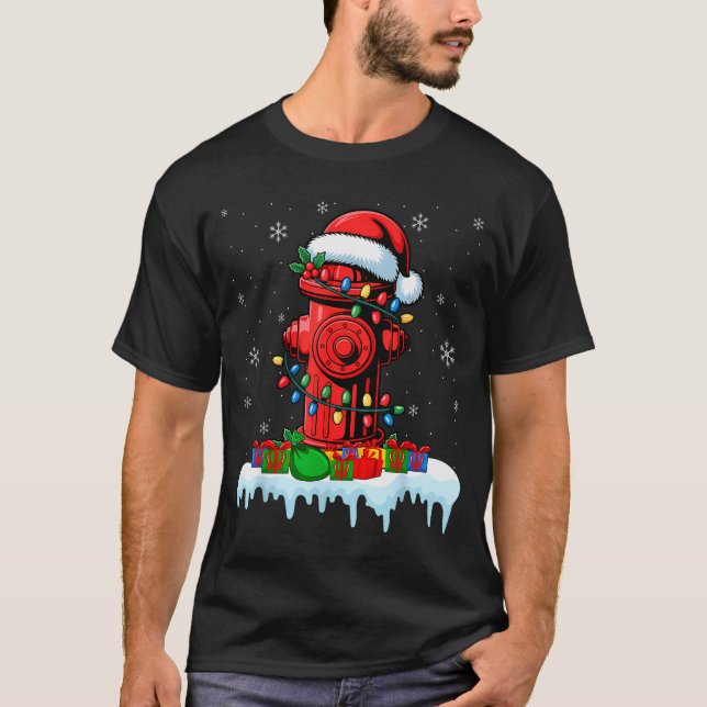 Xmas Lights Fire Hydrant Firefighter Christmas  T-Shirt (Front)