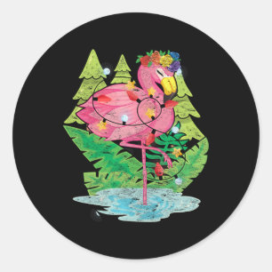 Xmas Lights Flamingo Bird Animal Tropical Christma Classic Round Sticker