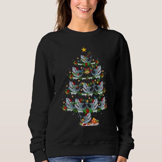 Xmas Lights Great White Shark Christmas Tree Sweatshirt (Front)