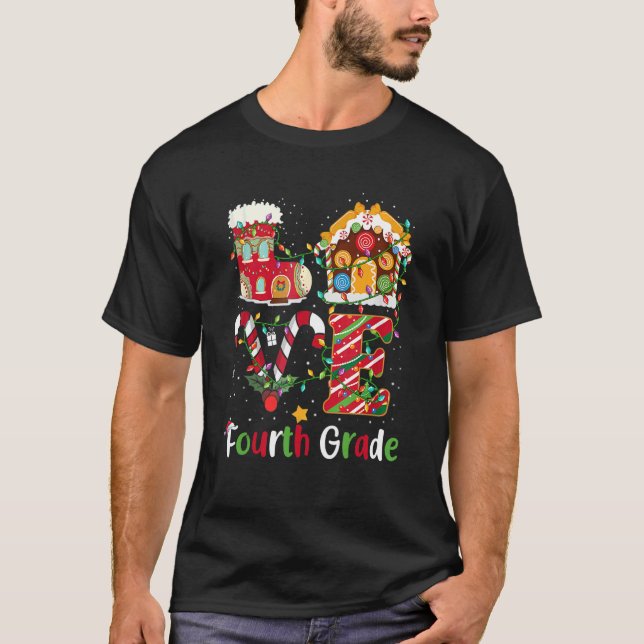 Xmas Lights Love Fourth Grade Teacher Christmas T-Shirt (Front)