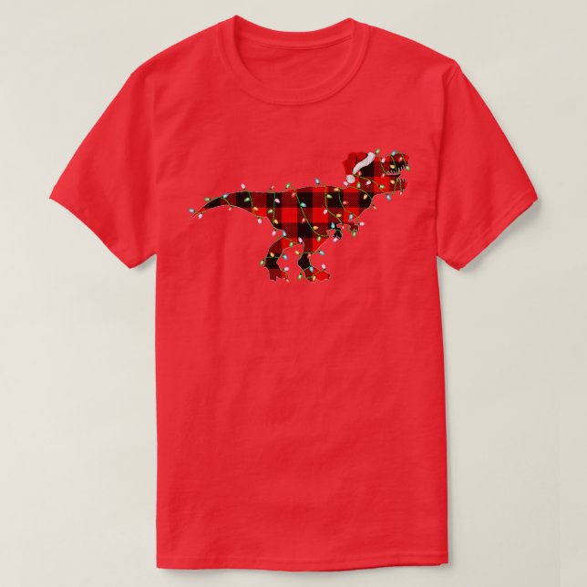 Xmas Lights Matching Buffalo Plaid Dinosaur Christ T-Shirt (Design Front)