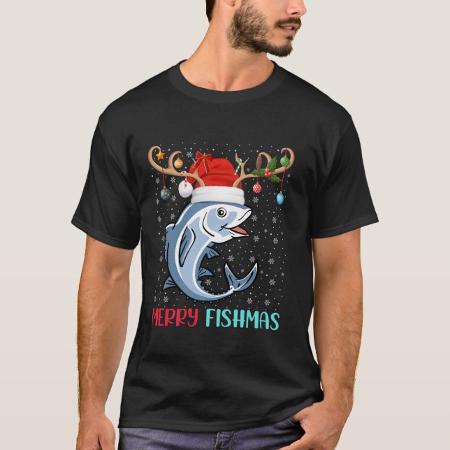 Xmas Lights Reindeer Santa Merry Fishmas Fish Chri T-Shirt (Front)