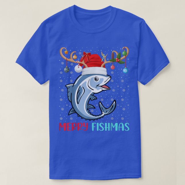 Xmas Lights Reindeer Santa Merry Fishmas Fish Chri T-Shirt (Design Front)