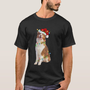 Xmas Lights Santa Hat Australian Shepherd Dog Chri T-Shirt