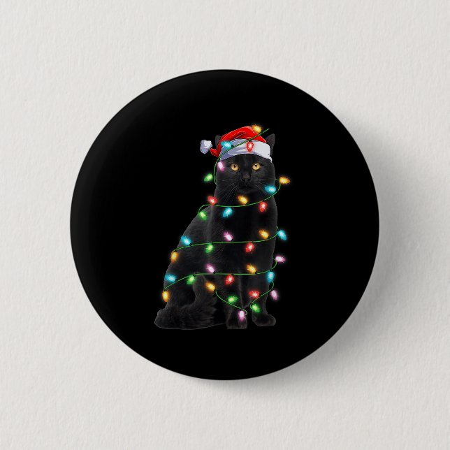 Xmas Lights Santa Hat Black Cat Christmas  6 Cm Round Badge (Front)