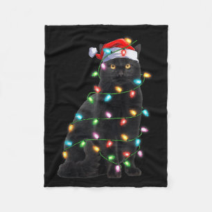 Xmas Lights Santa Hat Black Cat Christmas Fleece Blanket