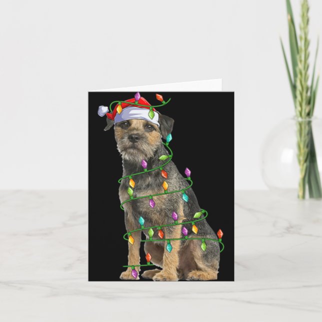 Xmas Lights Santa Hat Border Terrier Dog Christmas Card (Front)