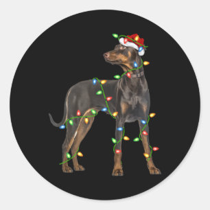 Xmas Lights Santa Hat Doberman Nscher Dog Christ Classic Round Sticker