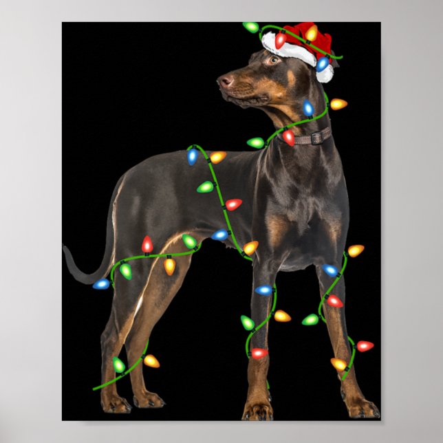 Xmas Lights Santa Hat Doberman Nscher Dog Christ T Poster (Front)