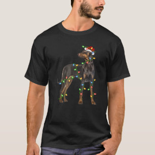 Xmas Lights Santa Hat Doberman Pinscher Dog Christ T-Shirt