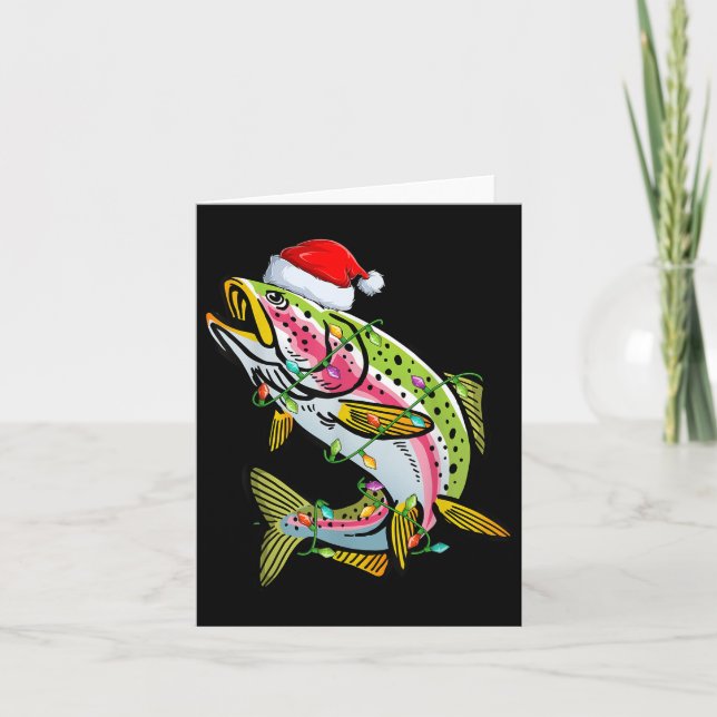 Xmas Lights Santa Hat Rainbow Trout Fish Christmas Card (Front)