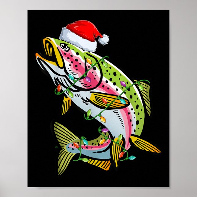 Xmas Lights Santa Hat Rainbow Trout Fish Christmas Poster (Front)
