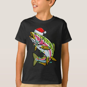 Xmas Lights Santa Hat Rainbow Trout Fish Christmas T-Shirt