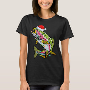 Xmas Lights Santa Hat Rainbow Trout Fish Christmas T-Shirt