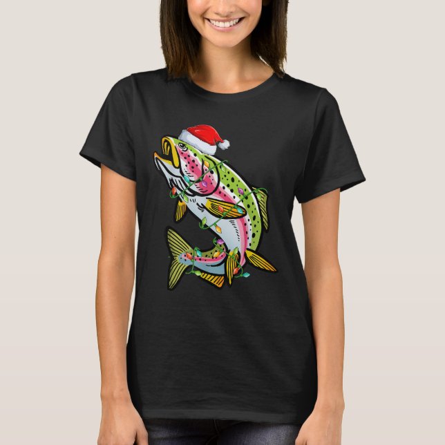 Xmas Lights Santa Hat Rainbow Trout Fish Christmas T-Shirt (Front)