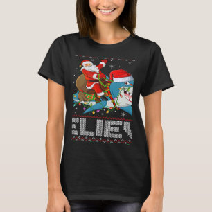Xmas Lights Shark Believe Ugly Santa Riding Shark  T-Shirt