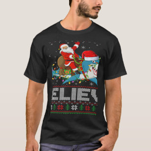 Xmas Lights Shark Believe Ugly Santa Riding Shark  T-Shirt