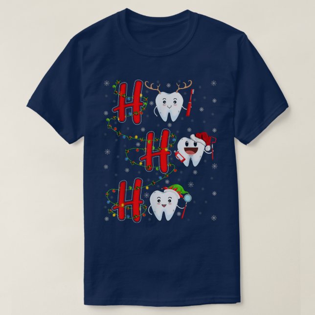 Xmas Lights Tooth Teeth Ho Ho Ho Dentist Christmas T-Shirt (Design Front)