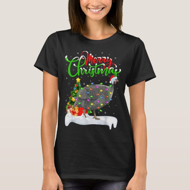 Xmas Lights Tree Santa Guinea Fowl Bird Merry Chri T-Shirt (Front)