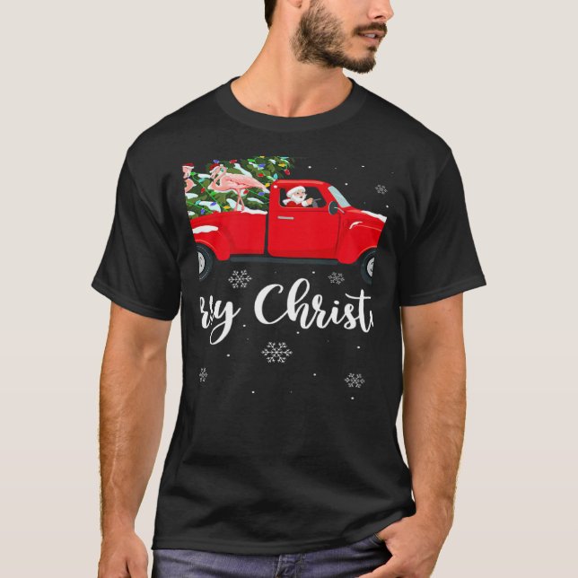 Xmas Lights Tree Santa Ride Flamingo Red Truck Chr T-Shirt (Front)