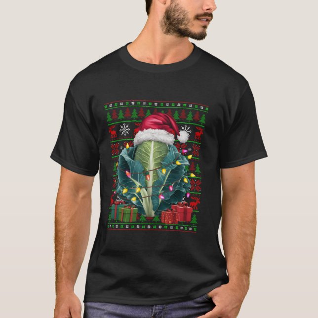 Xmas Lights Ugly Santa Hat Vegetable Cabbage Chris T-Shirt (Front)