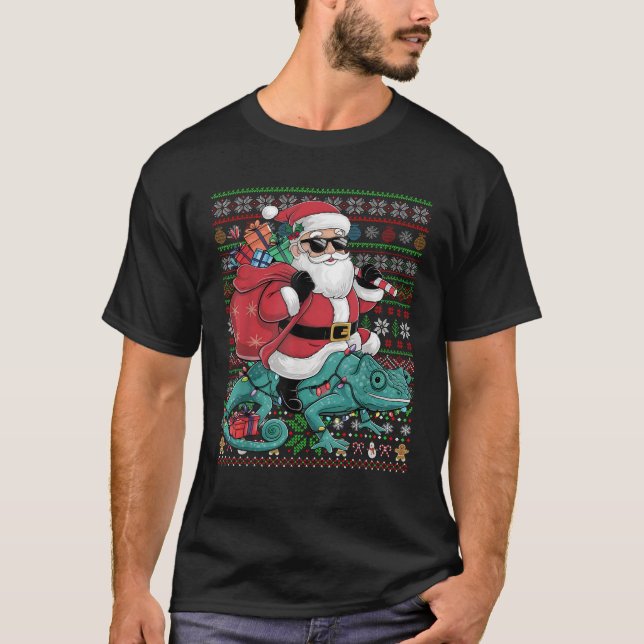 Xmas Lights Ugly Style Santa Riding Chameleon Chri T-Shirt (Front)
