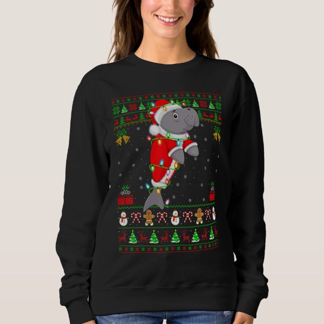 Xmas Lights Ugly Sweater Style Santa Manatee Chris (Front)