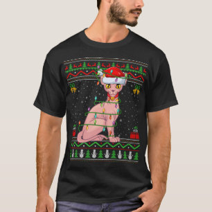 Xmas Lights Ugly Sweater Style Santa Sphynx Cat Ch