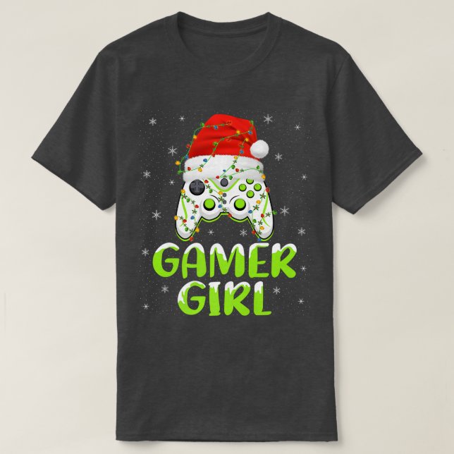 Xmas Lights Video Game Controller Santa Gamer Girl T-Shirt (Design Front)