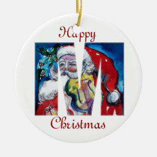 XMAS M LETTER /SANTA  CLAUS WITH VIOLIN MONOGRAM CERAMIC TREE DECORATION