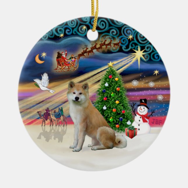 Xmas Magic - Akita Inu Ceramic Tree Decoration (Front)