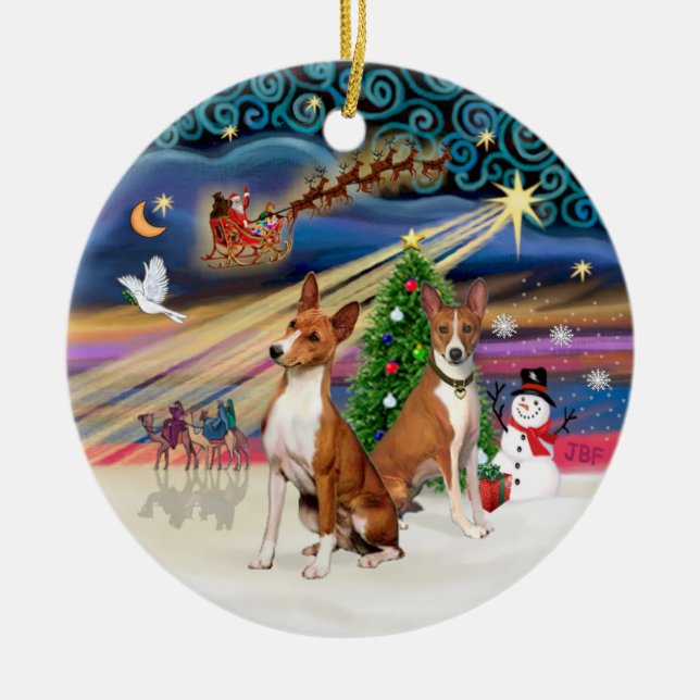Xmas Magic - Basenjis (two) Ceramic Tree Decoration (Front)