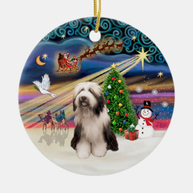 Xmas Magic - Bearded Collie (P) Ceramic Tree Decoration (Front)