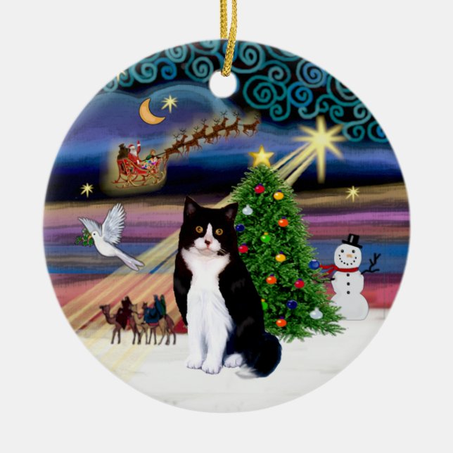 Xmas Magic - Black and White cat Ceramic Tree Decoration (Front)