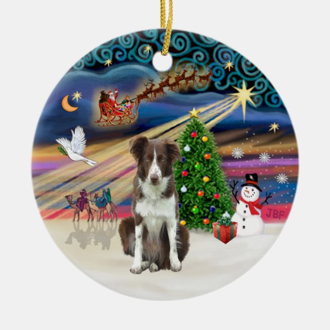 Xmas Magic - Border Collie (brown-white) Ceramic Tree Decoration (Front)